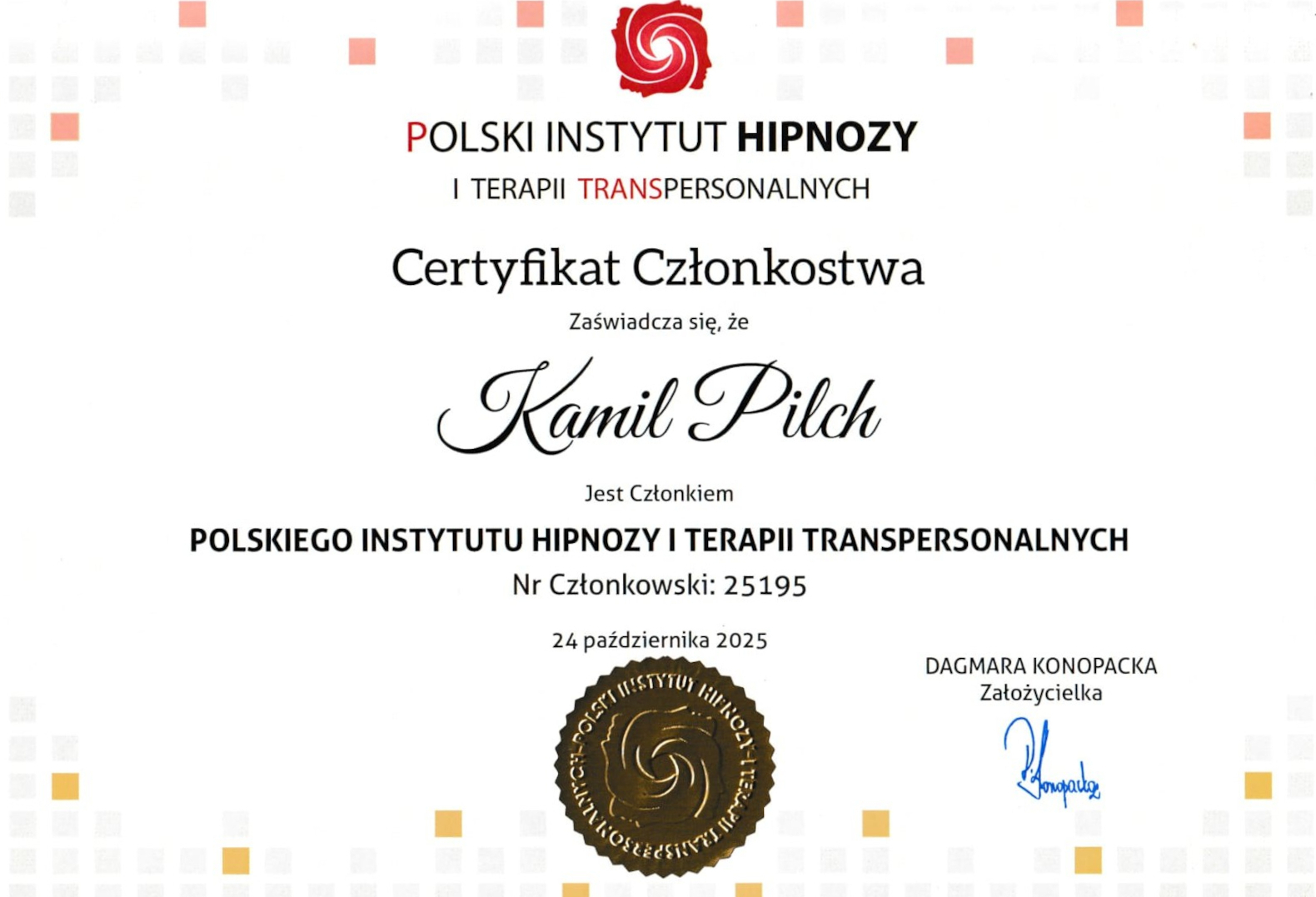 Polski Instytut Hipnozy Certyfikat Członkostwa Kamil Pilch